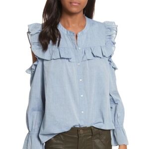 Joie Akari Ruffled Cold Shoulder Button Front Chambray Blouse SzXS